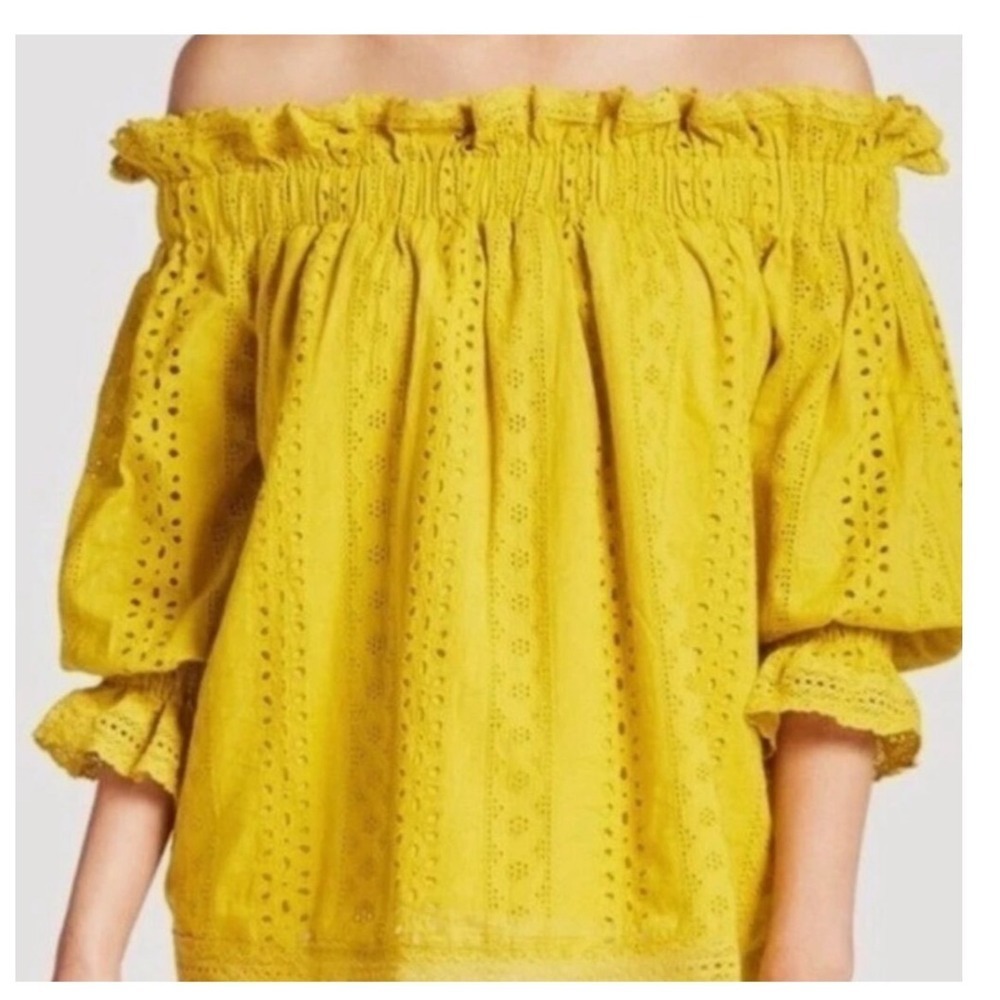 Endless Rose Mustard Yellow Eyelet Off‎ Shoulder Blouse Top XS New (A)